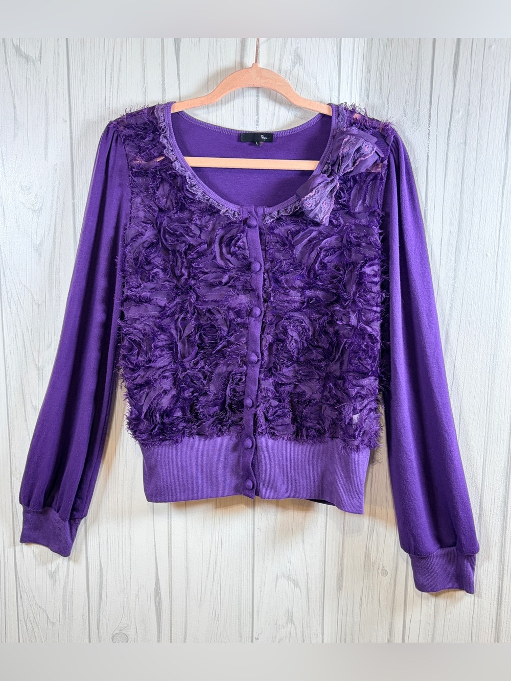 RYU Purple Very Fairy Coquette Mesh Front Button-up Cardigan, Large